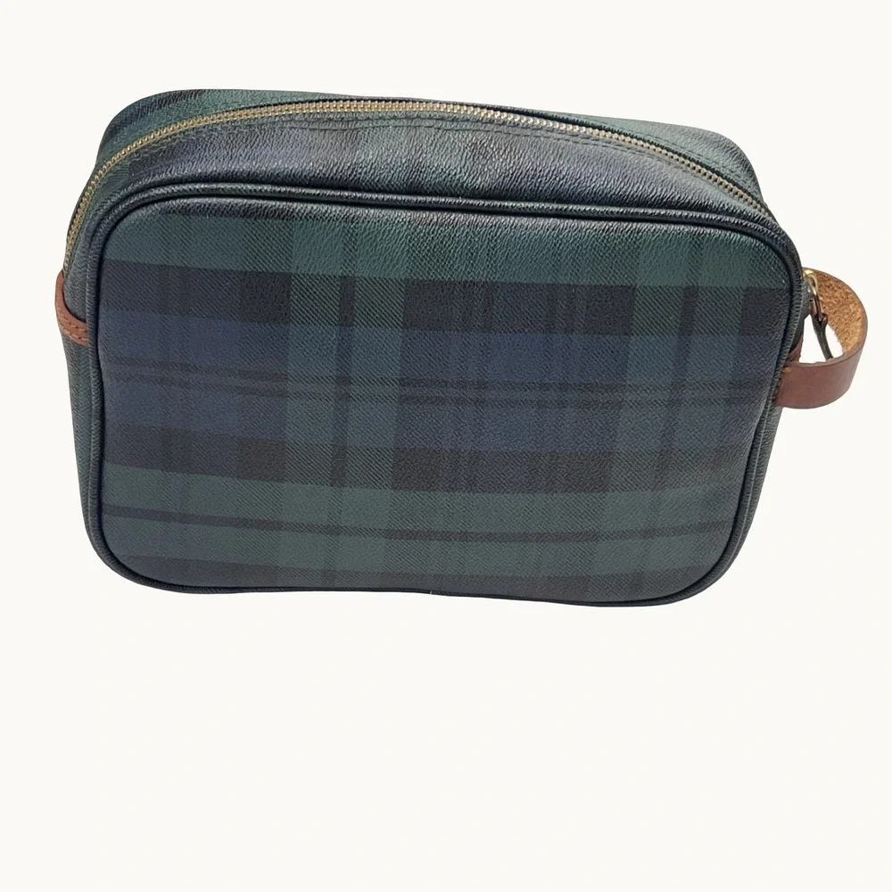 Polo Ralph Lauren Blackwatch Tartan Plaid Toiletry Bag Dopp Kit Leather Trim